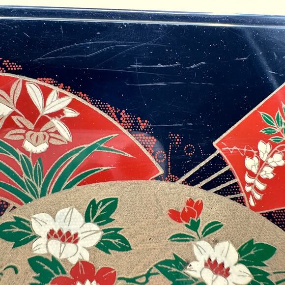 Vintage Otagiri Original Lacquerware Box Faux Lacquer Black with Fans Flowers - Picture 7 of 13